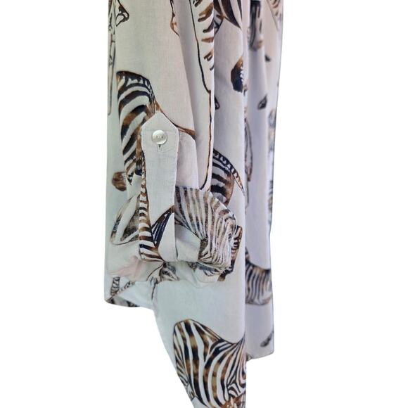 Jane + Delancy Zebra Animal Print Linen Blend Blouse M Long Sleeve or Roll Tab - Picture 7 of 16